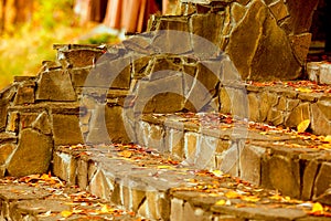 Close-up steps of stairs up from antique stone in autumn season. The symbol of upsurge and success. Recreation. Parks. Autumn