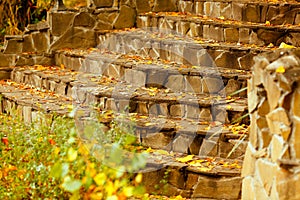 Close-up steps of stairs up from antique stone in autumn season. The symbol of upsurge and success. Recreation. Parks. Autumn