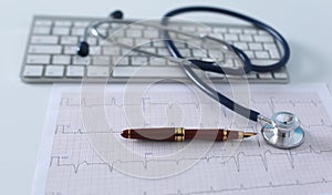 Close up of stethoscope on pc keyboard. Healthcare concept