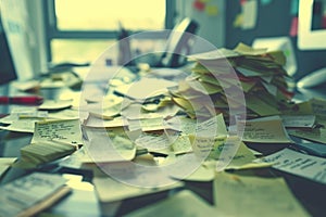 Closeup of sticky notes with halffinished writing lying in disarray on a desk Blur the office and computer screen behind them
