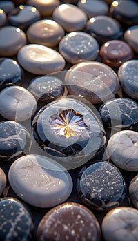 Polished Stone Pebbles with Central Faceted Crystal Reflection