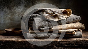 Stacked folded textiles with intricate patterns on a rustic surface