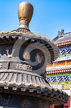 Close-up of stilted tower and incense burner in traditional Chinese ancient architecture
