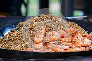 Close-up of the stir fried noodles with prawns