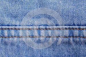 close up of stitching detail on blue jeans
