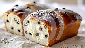 Close up of stollen bread on white tabletop with frosted surface accentuating colors and lines photo