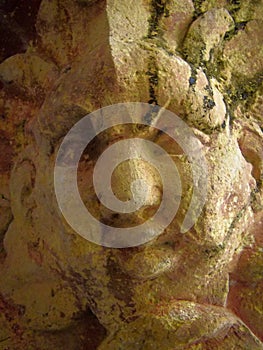 A close up of a stone Grotesque carved face