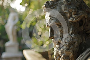 Close-up of a Stone Lion Sculpture in a Garden