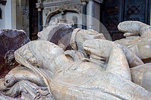 Close up of stone tomb st Mary`s church Abergavenny