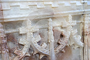 Close up of stone tomb st Mary`s church Abergavenny