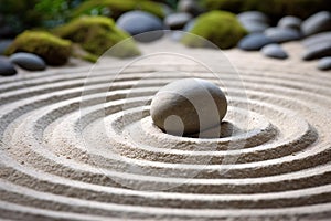 Close up of stone in Zen garden surrounded by circles