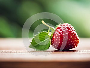 Close up straberry with leaf on the wood table, created with generative AI technology