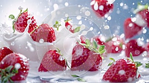 Close-up of strawberries and cream. The strawberries fall into the milk and create a splash photo