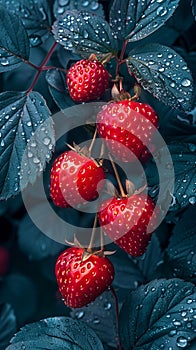 A close up of strawberries with water droplets on them