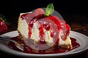 Close-up of strawberry cheesecake with free copy space, perfect for bakery menus and advertisements