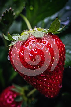 Close-up of a strawberry with deep droplets shows the large delivery service top selection interconnections