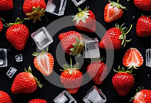 A close-up of a strawberry with ice cubes on a black background