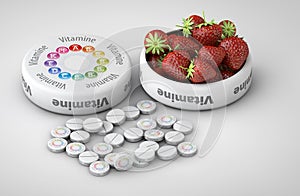 Close up of Strawberry and pills isolated - vitamin concept