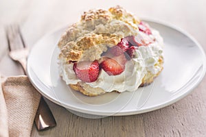 Close up of a strawberry shortcake with fresh whipped cream on a white plate.