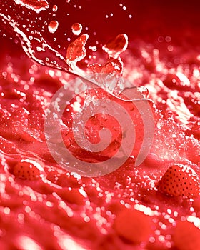 a close up of a strawberry splashing into a red liquid