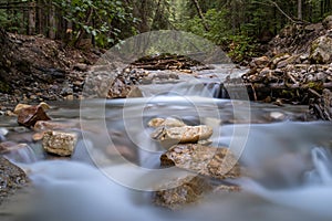 A close up of a stream in Canada cascading through rocks