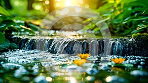 Close up of stream of water with flower in the middle. AI