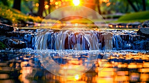 Close up of stream of water with the sun in the background. AI