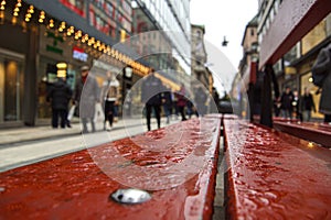 Close up of a street bench during rainy weather