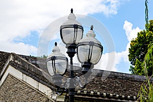 Close-up of street lamp in traditional Chinese garden