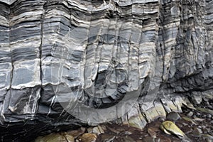 close-up of striations in a bedrock caused by glaciers