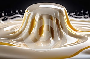 close up on stringy swirling milky fluid. abstract creamy texture, beige background