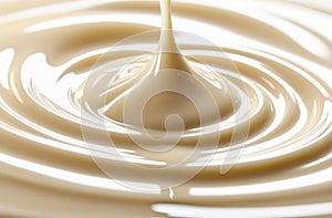 close up on stringy swirling milky fluid. abstract creamy texture, beige background