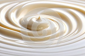 close up on stringy swirling milky fluid. abstract creamy texture, beige background