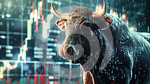 A close up of a strong bull standing with a city skyline in the background, representing the concept of bullish market trends