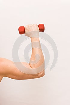 Close-up of strong man`s arm holding small red dumbbell on white background. Fitness and health concept
