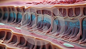 Close-up of the structure and composition of the different layers of skin and organic surface tissue