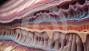 Close-up of the structure and composition of the different layers of skin and organic surface tissue