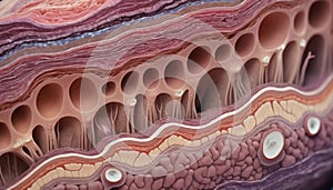 Close-up of the structure and composition of the different layers of skin and organic surface tissue