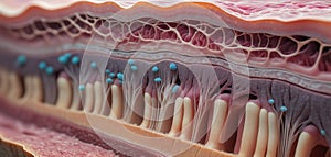 Close-up of the structure and composition of the different layers of skin and organic surface tissue