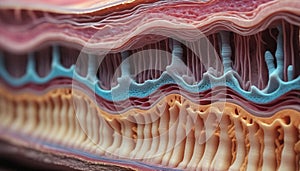 Close-up of the structure and composition of the different layers of skin and organic surface tissue