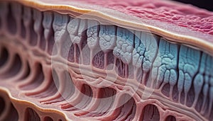 Close-up of the structure and composition of the different layers of skin and organic surface tissue