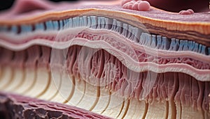 Close-up of the structure and composition of the different layers of skin and organic surface tissue