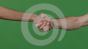 Close-up in studio on green background part of human body two young men shake hands greet friendly gesture conclude