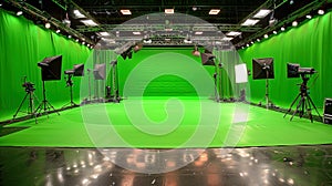 Close-up of studio lighting fixtures illuminating a green screen setup, highlighting the versatili