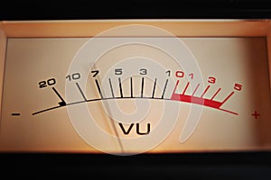 Close up of a studio mixer VU, volume meter