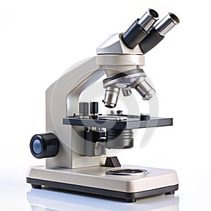 Binocular Laboratory Microscope with Multiple Objective Lenses on White Background science