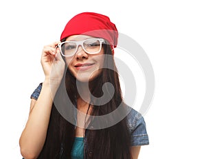Close up studio portrait of cheerful hipster girl going crazy