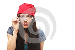 Close up studio portrait of cheerful hipster girl going crazy