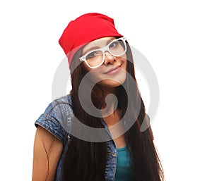 Close up studio portrait of cheerful hipster girl going crazy