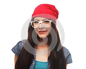 Close up studio portrait of cheerful hipster girl going crazy